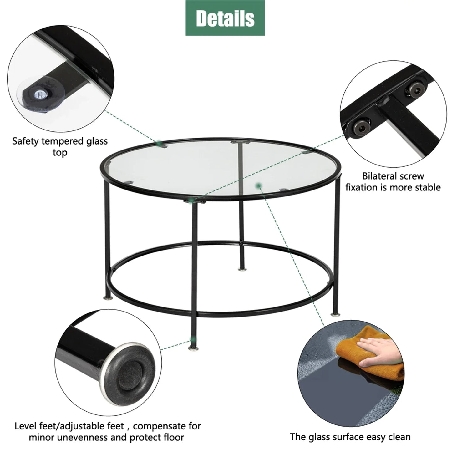 2 Layers 5mm Thick Tempered Glass Countertops Round Wrought Iron Coffee Table Black