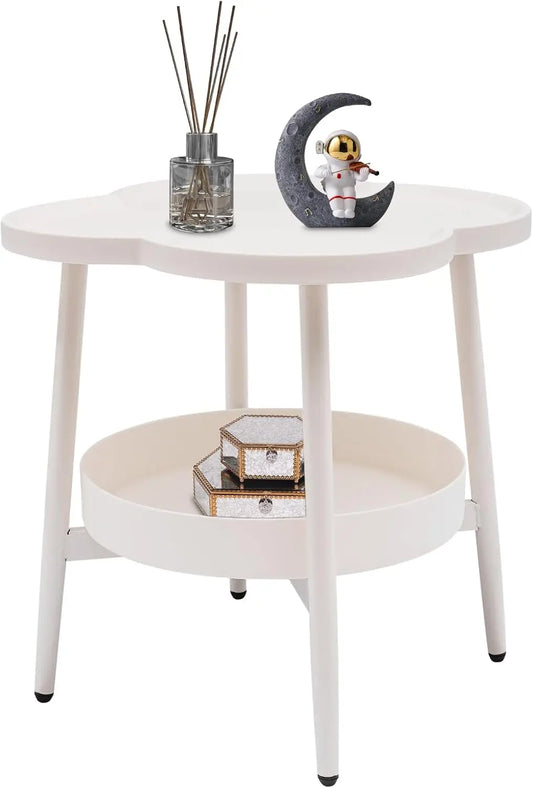 2-Tier Round End Table Flower Shape Side Table with Storage Basket White Nightstand Bedside Table for Living Room Bedroom Office