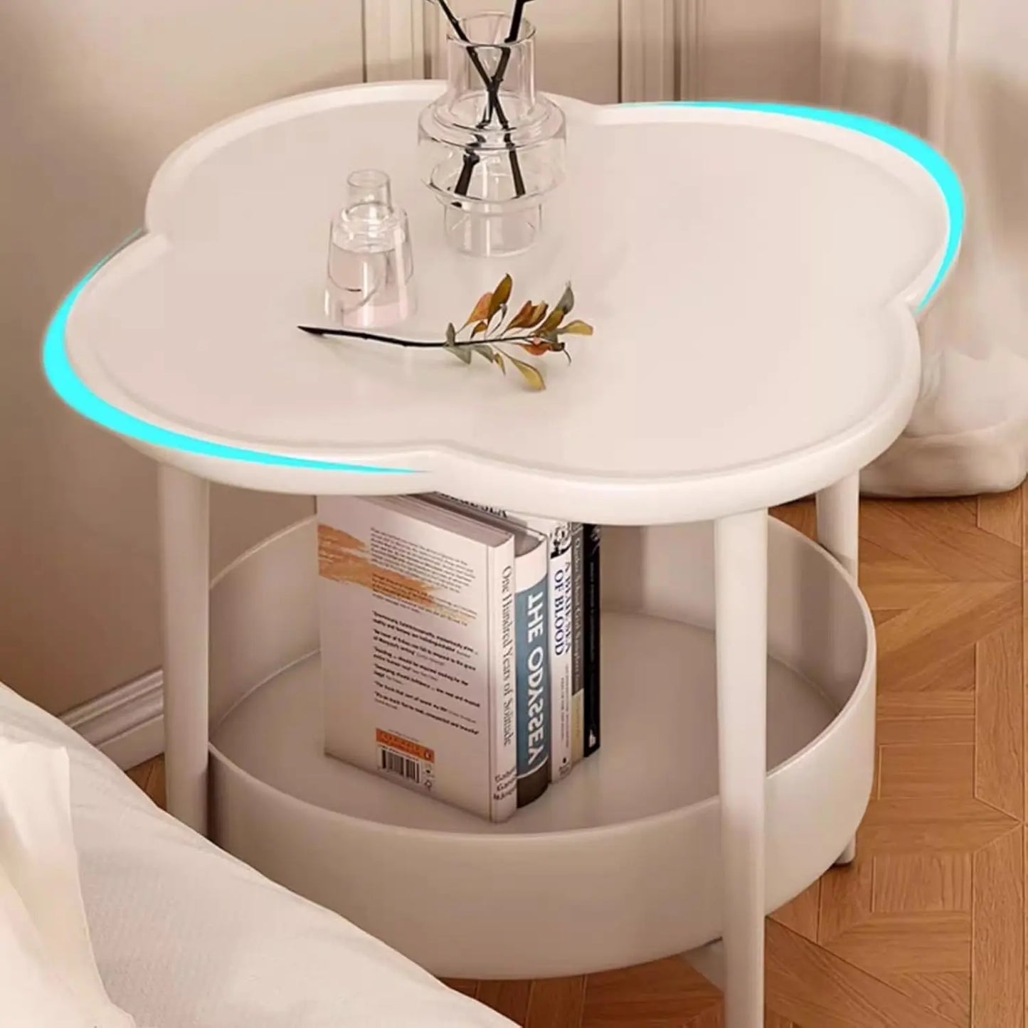 2-Tier Round End Table Flower Shape Side Table with Storage Basket White Nightstand Bedside Table for Living Room Bedroom Office