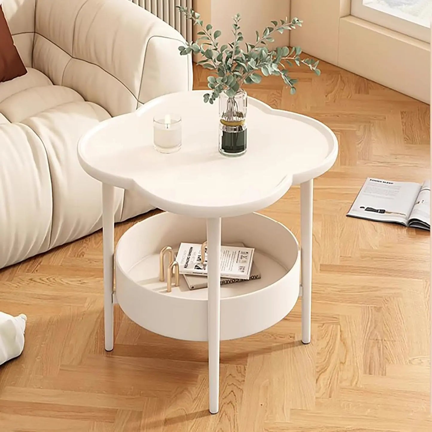 2-Tier Round End Table Flower Shape Side Table with Storage Basket White Nightstand Bedside Table for Living Room Bedroom Office