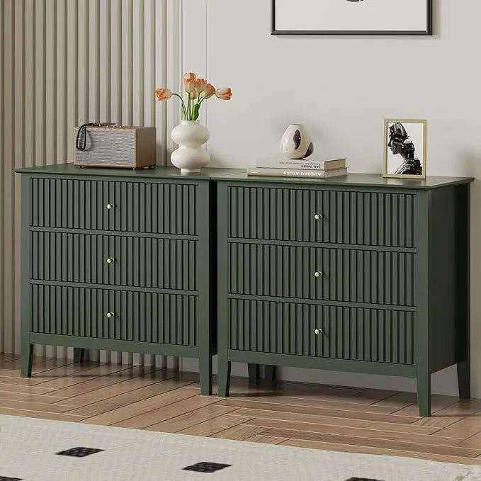 3 Drawer Dresser Set of 2, Fluted Chest of Drawers with Storage, Modern Painted 30 inch Tall Nightstand for Bedroom Living Room