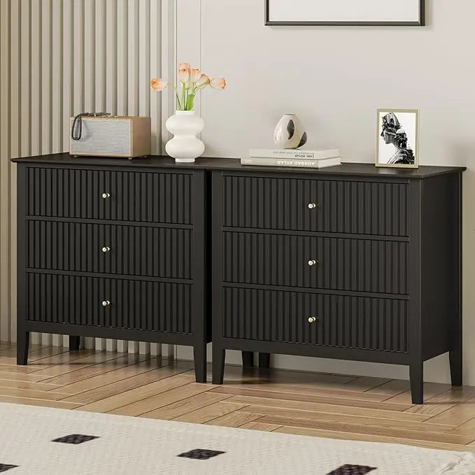 3 Drawer Dresser Set of 2, Fluted Chest of Drawers with Storage, Modern Painted 30 inch Tall Nightstand for Bedroom Living Room