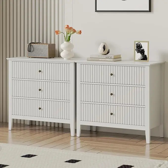 3 Drawer Dresser Set of 2, Fluted Chest of Drawers with Storage, Modern Painted 30 inch Tall Nightstand for Bedroom Living Room