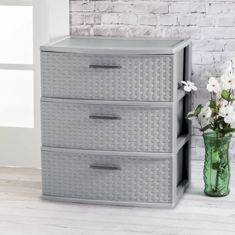 3 Drawer Wide  Tower Plastic, Cement, Case of 1, bedside table