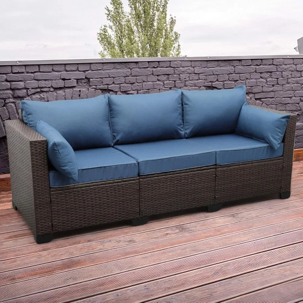 3-Seat Patio Wicker Sofa, Outdoor Rattan Couch Furniture Steel Frame with Furniture Cover and Deep Seat High Back