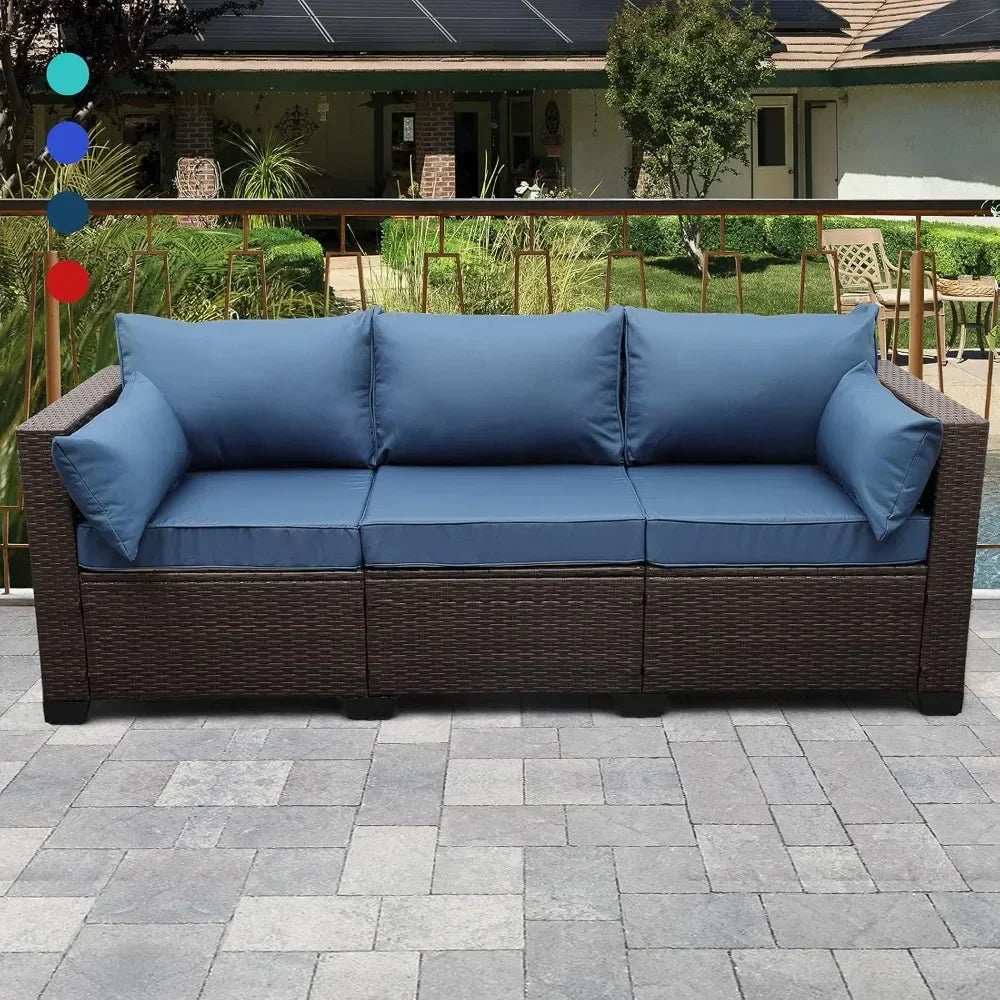 3-Seat Patio Wicker Sofa, Outdoor Rattan Couch Furniture Steel Frame with Furniture Cover and Deep Seat High Back