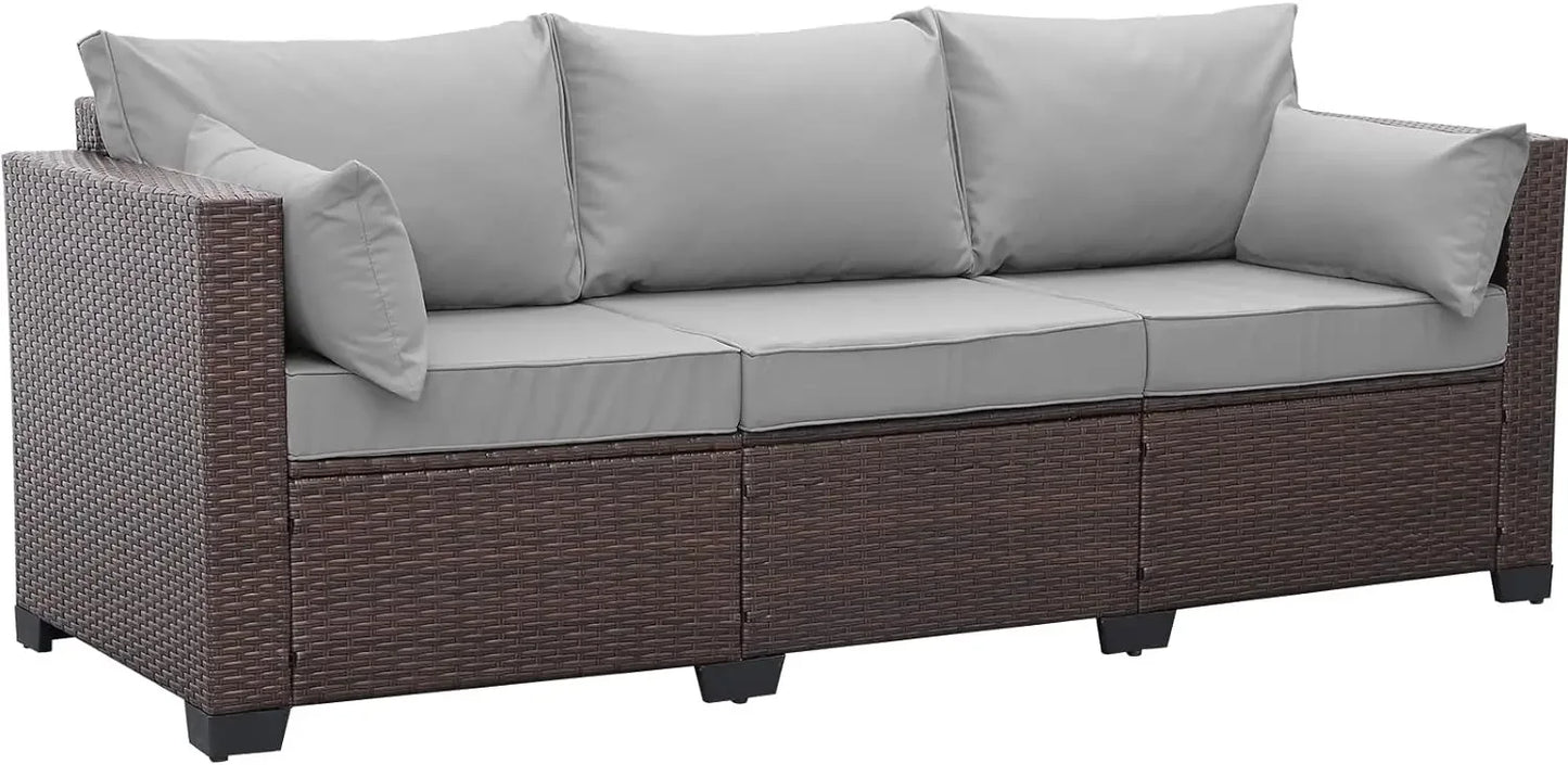 3-Seat Patio Wicker Sofa, Outdoor Rattan Couch Furniture Steel Frame with Furniture Cover and Deep Seat High Back