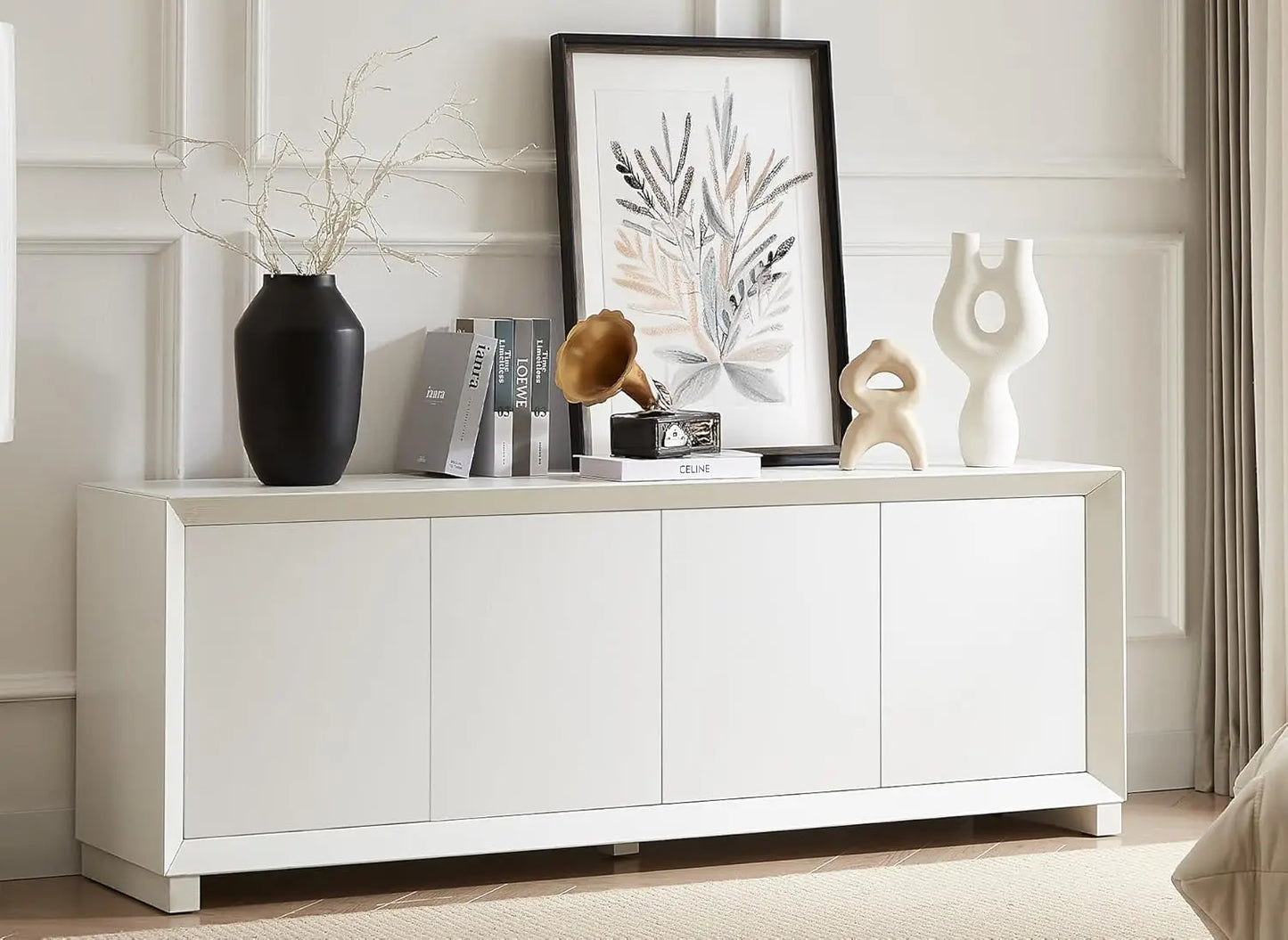 64" Sideboard Buffet Cabinet with Storage, Wooden Fluted Storage Cabinet Sideboard Console with Adjustable