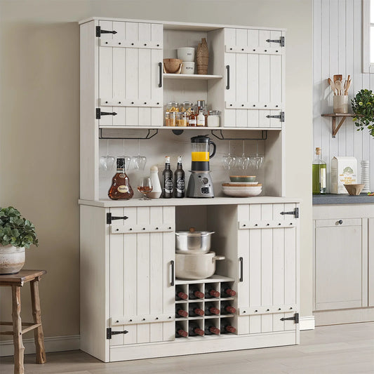 71" Farmhouse Kitchen Cabinet Pantry Bar Cabinet with Storage & Adjustable Shelves,Wine Cabinet with 12 Wine Racks