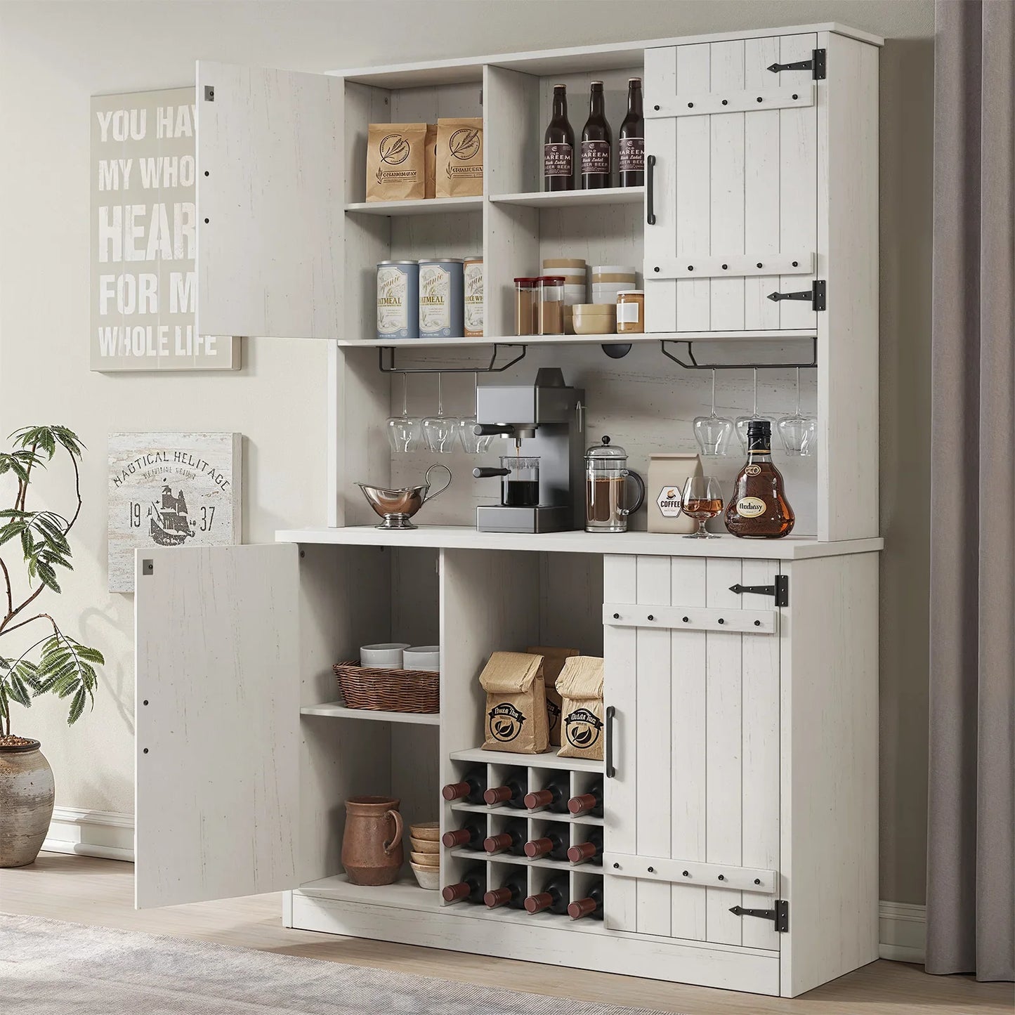 71" Farmhouse Kitchen Cabinet Pantry Bar Cabinet with Storage & Adjustable Shelves,Wine Cabinet with 12 Wine Racks