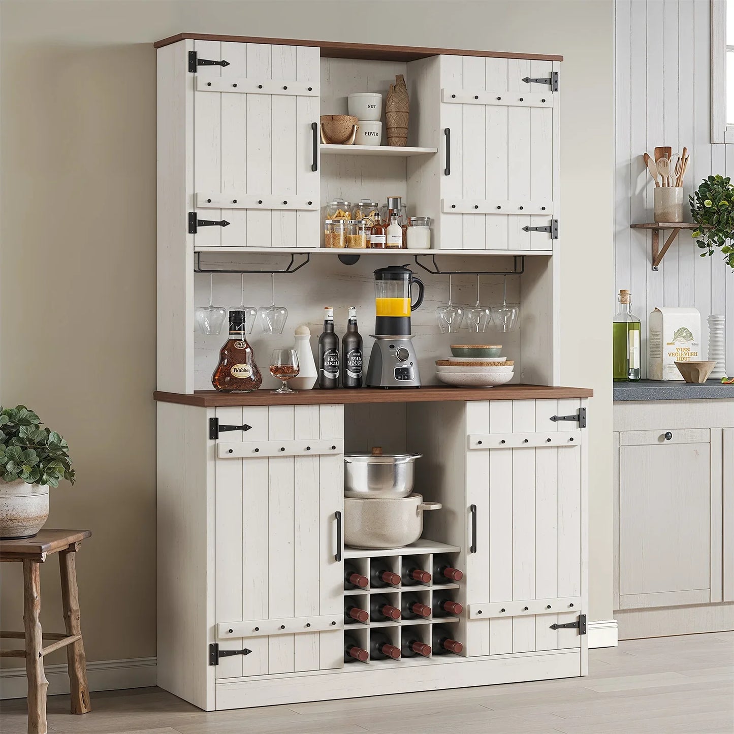 71" Farmhouse Kitchen Cabinet Pantry Bar Cabinet with Storage & Adjustable Shelves,Wine Cabinet with 12 Wine Racks