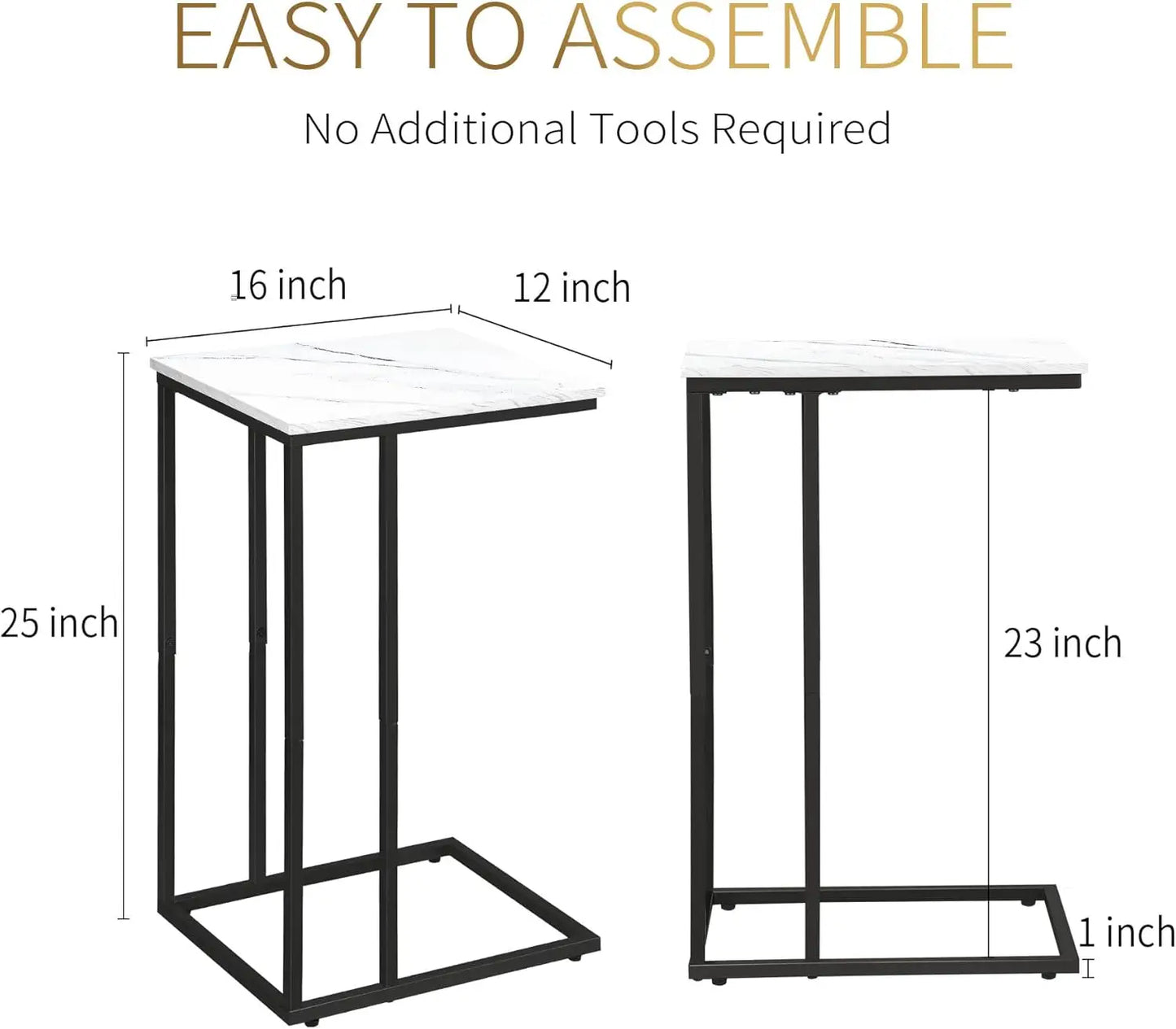 C Shaped Side Table Set of 2, Marble End Table for Sofa and Bed, Couch Table That Slide Under, Snack Side Table for Living Room