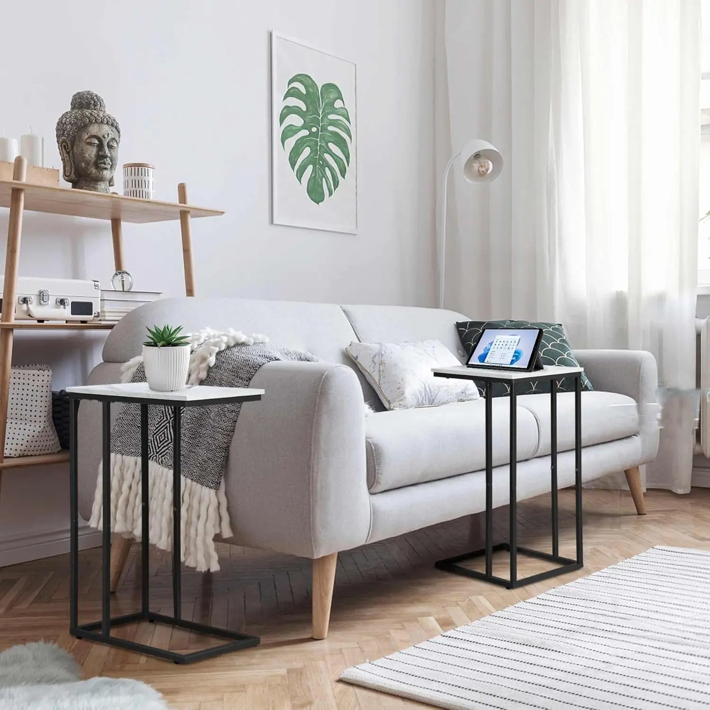 C Shaped Side Table Set of 2, Marble End Table for Sofa and Bed, Couch Table That Slide Under, Snack Side Table for Living Room