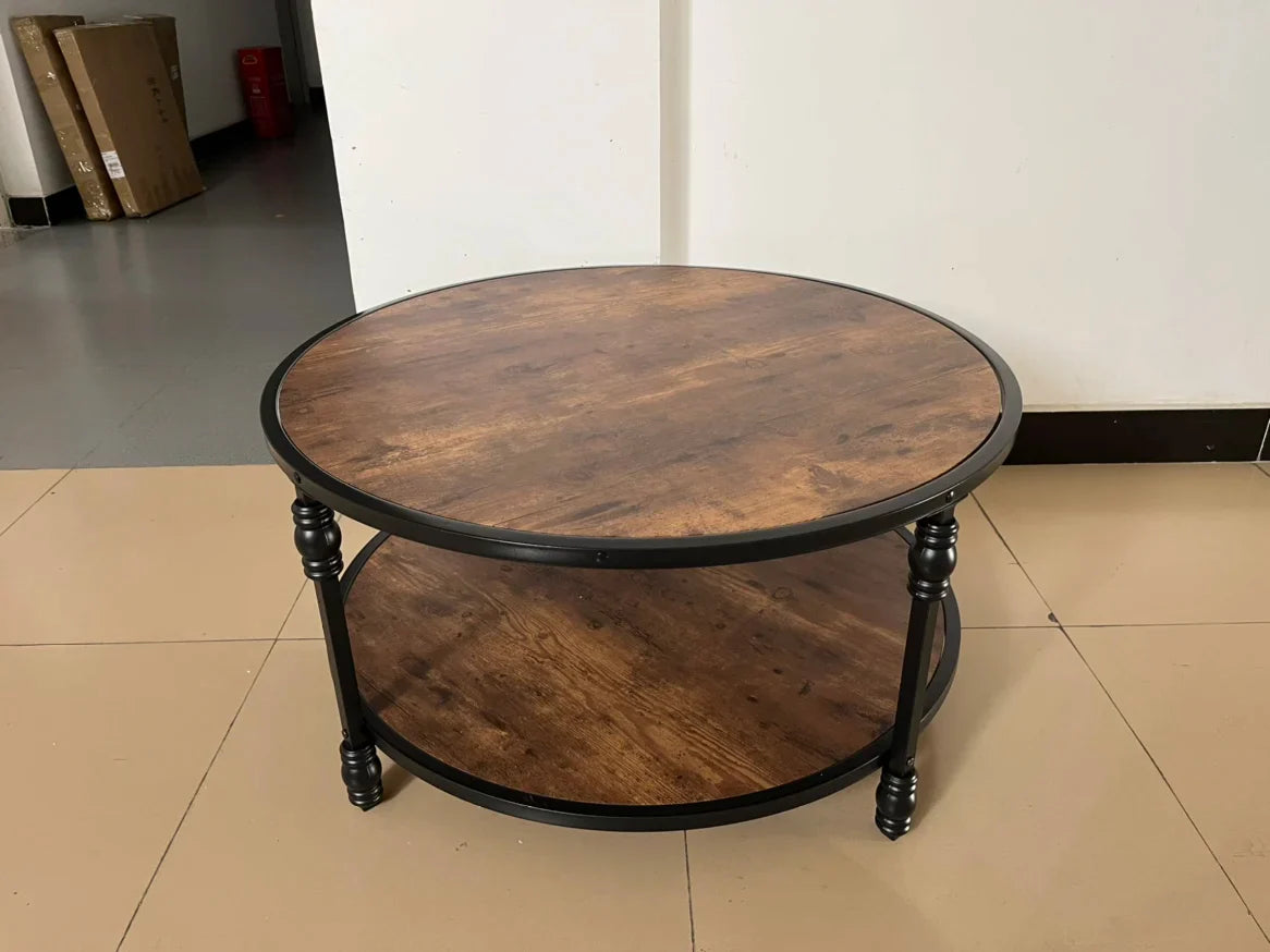 Coffee Table Round Rustic Center Table with Storage Shelf Wood Circle Coffee Table with Sturdy Metal Legs Living Room