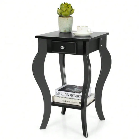 End Side Table w/ Drawer Bottom Shelf Accent Nightstand Bedroom