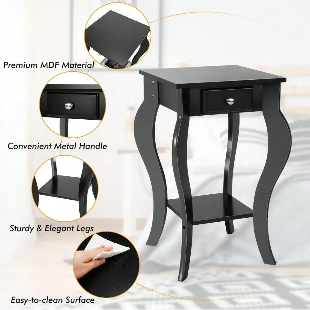 End Side Table w/ Drawer Bottom Shelf Accent Nightstand Bedroom