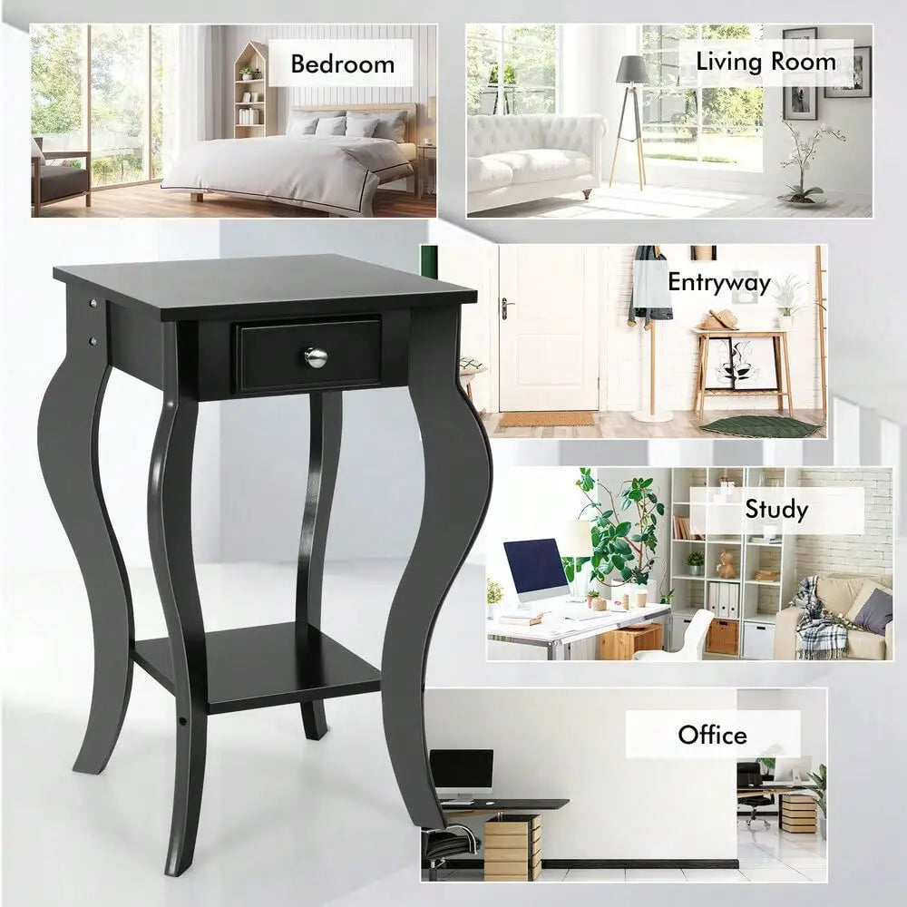 End Side Table w/ Drawer Bottom Shelf Accent Nightstand Bedroom