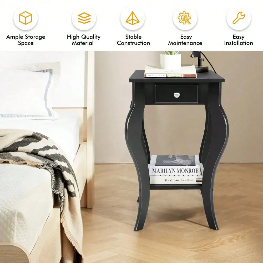 End Side Table w/ Drawer Bottom Shelf Accent Nightstand Bedroom