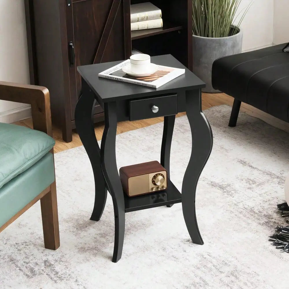 End Side Table w/ Drawer Bottom Shelf Accent Nightstand Bedroom