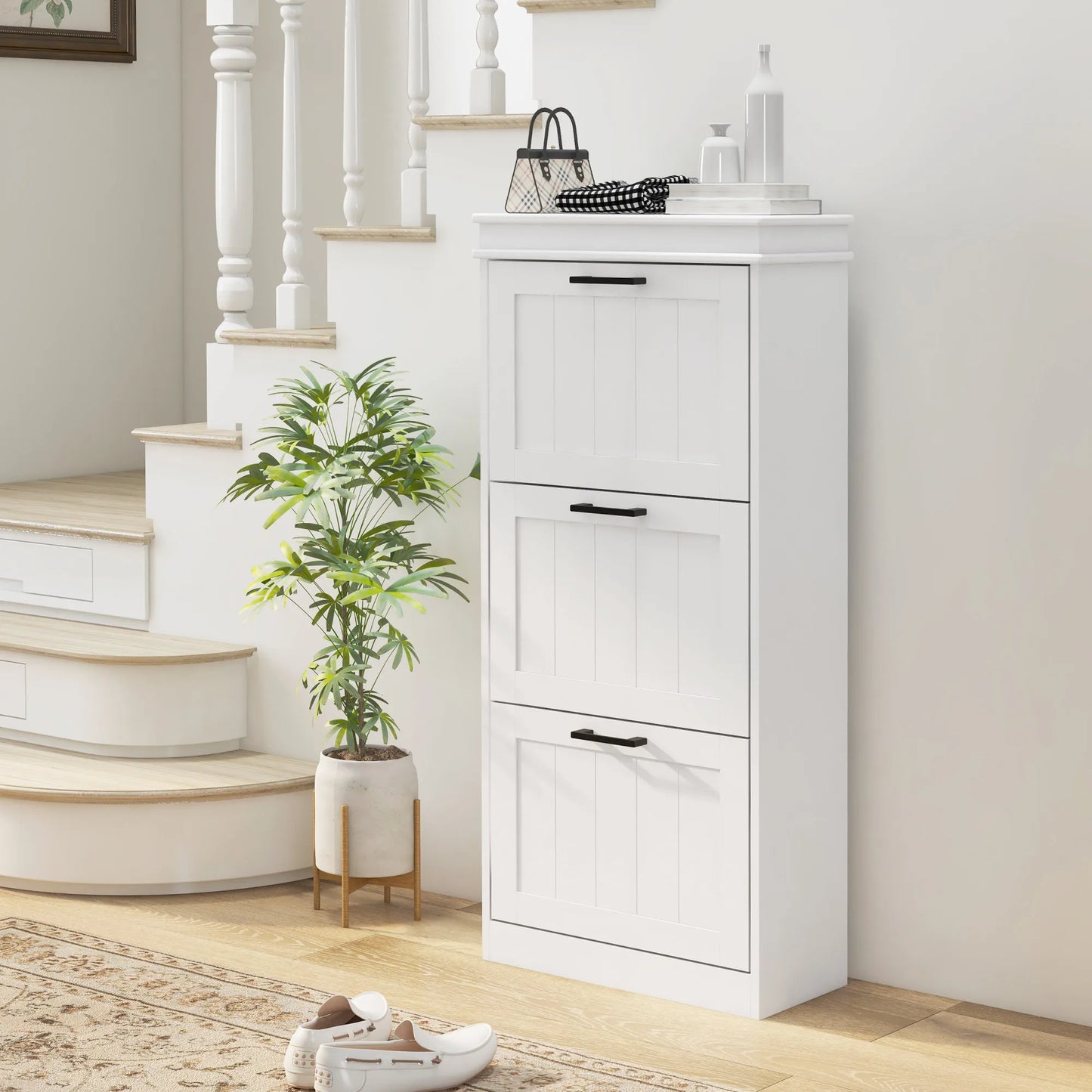 Modern Shoe Cabinet with 3 Flip Drawers for 15 Pairs of Shoes White