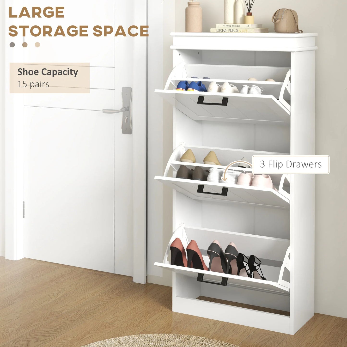 Modern Shoe Cabinet with 3 Flip Drawers for 15 Pairs of Shoes White