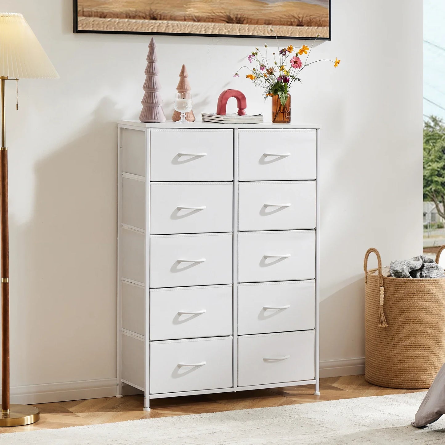 Bedside Table For Bedroom With 10 Fabric Drawers Nightstand Storage Cabinet With Steel Frame Clothes Storage Display Cabinet