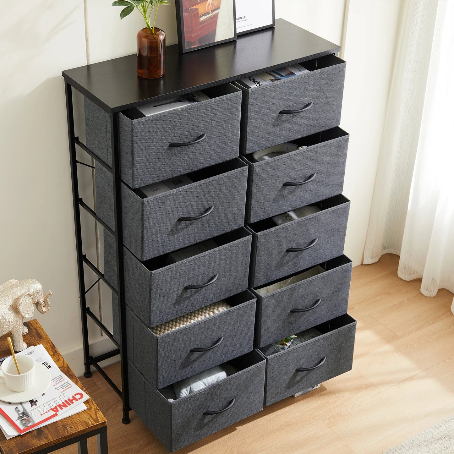 Bedside Table For Bedroom With 10 Fabric Drawers Nightstand Storage Cabinet With Steel Frame Clothes Storage Display Cabinet