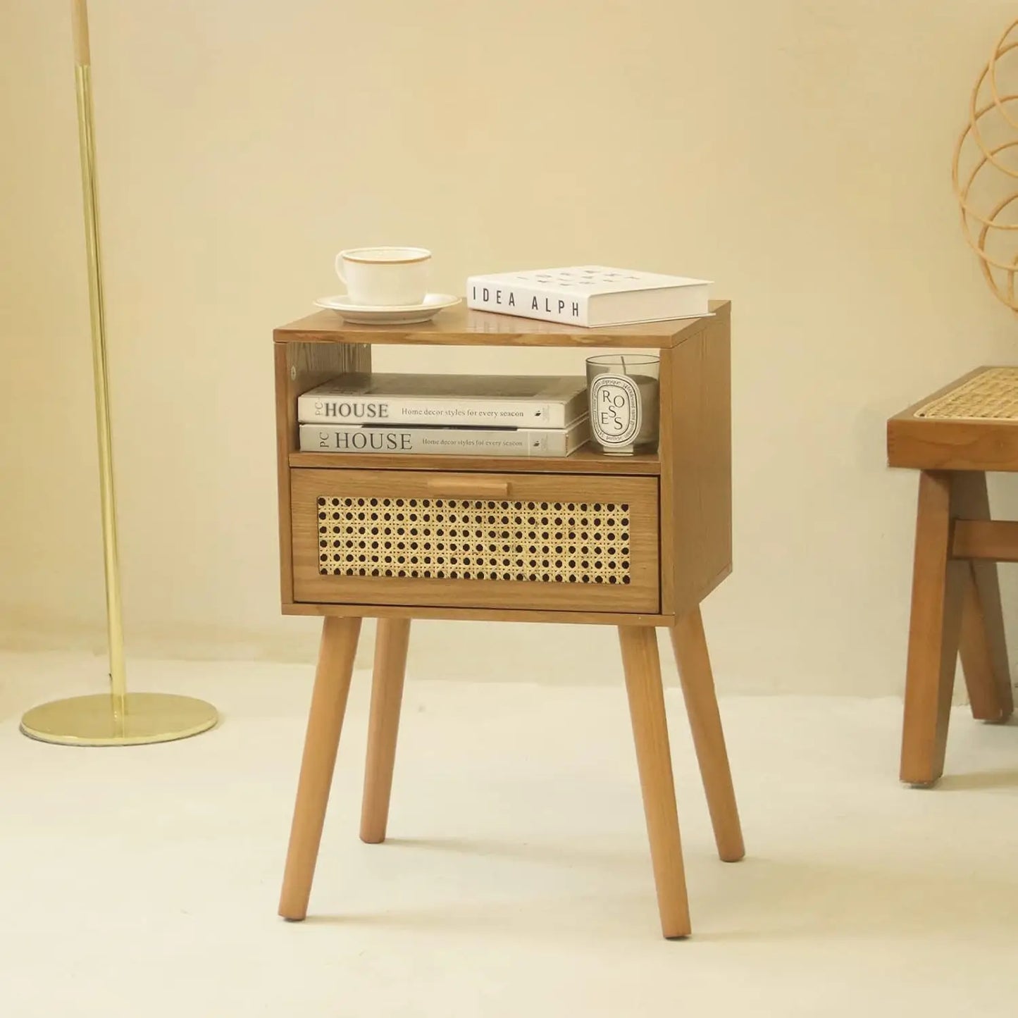 Mid Century Modern Nightstand with Drawer Small Nightstand Bedside Table Brown Rattan Nightstand Wood End Table for Bedroom