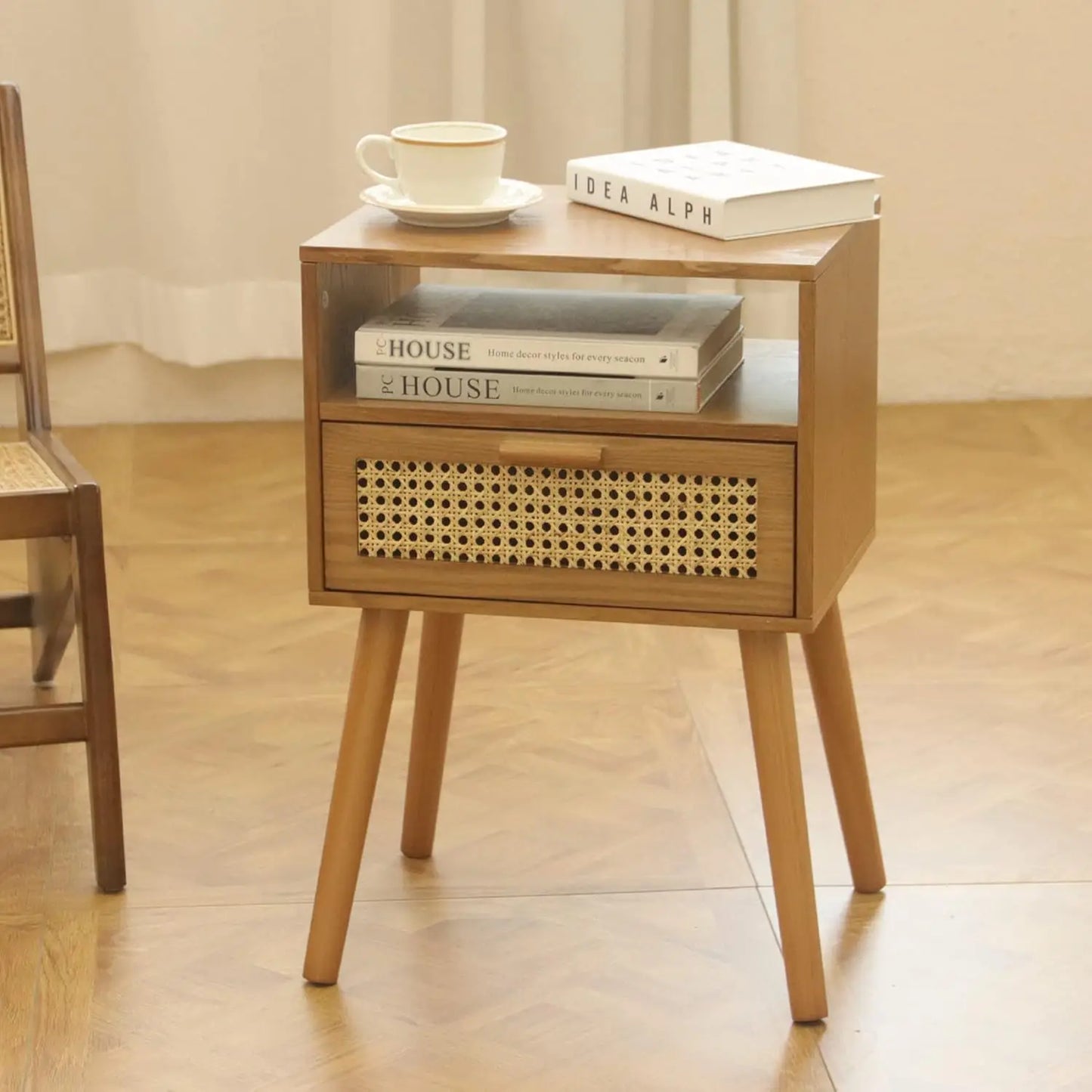 Mid Century Modern Nightstand with Drawer Small Nightstand Bedside Table Brown Rattan Nightstand Wood End Table for Bedroom