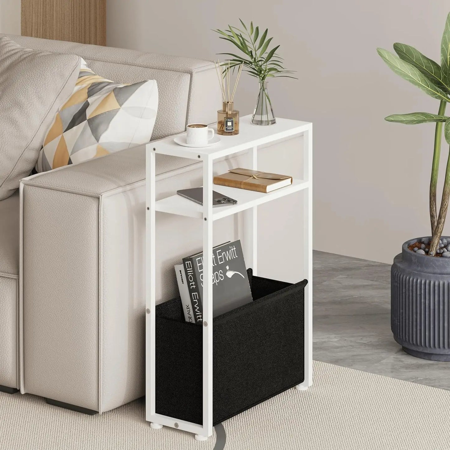 Narrow Side Table, Slim End Tables with Fabric Basket, Skinny Table for Small Spaces, Thin Bedside Table for Living Room,