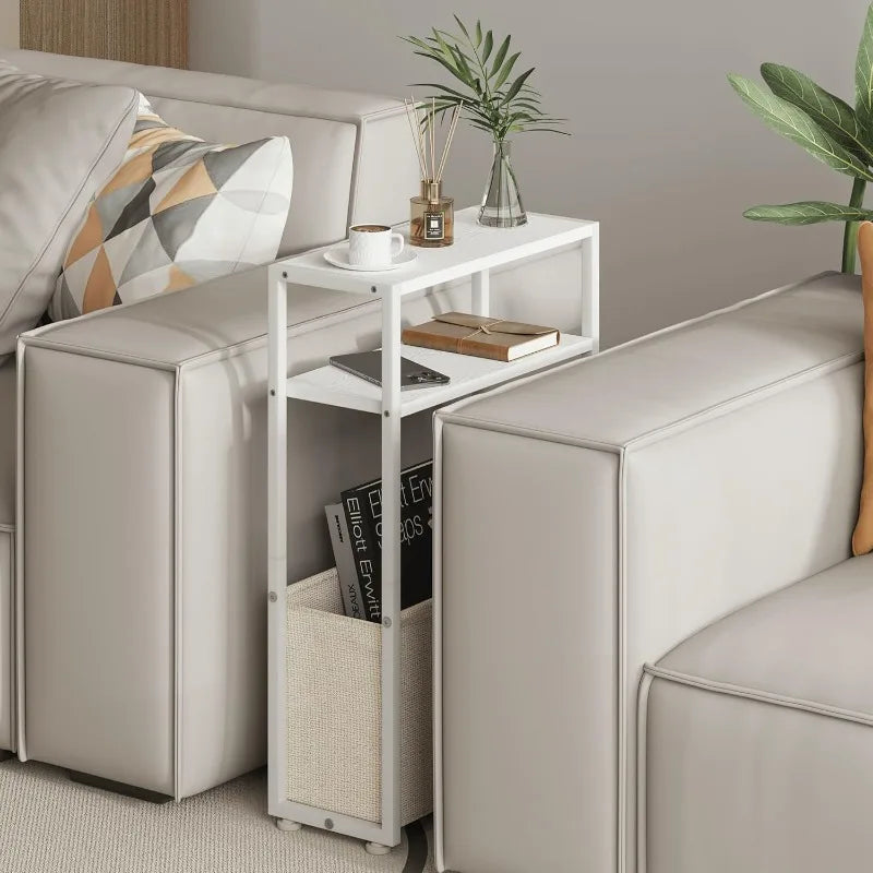 Narrow Side Table, Slim End Tables with Fabric Basket, Skinny Table for Small Spaces, Thin Bedside Table for Living Room,