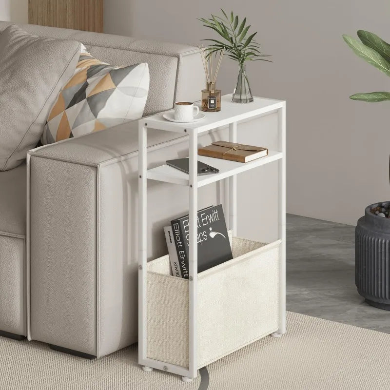 Narrow Side Table, Slim End Tables with Fabric Basket, Skinny Table for Small Spaces, Thin Bedside Table for Living Room,