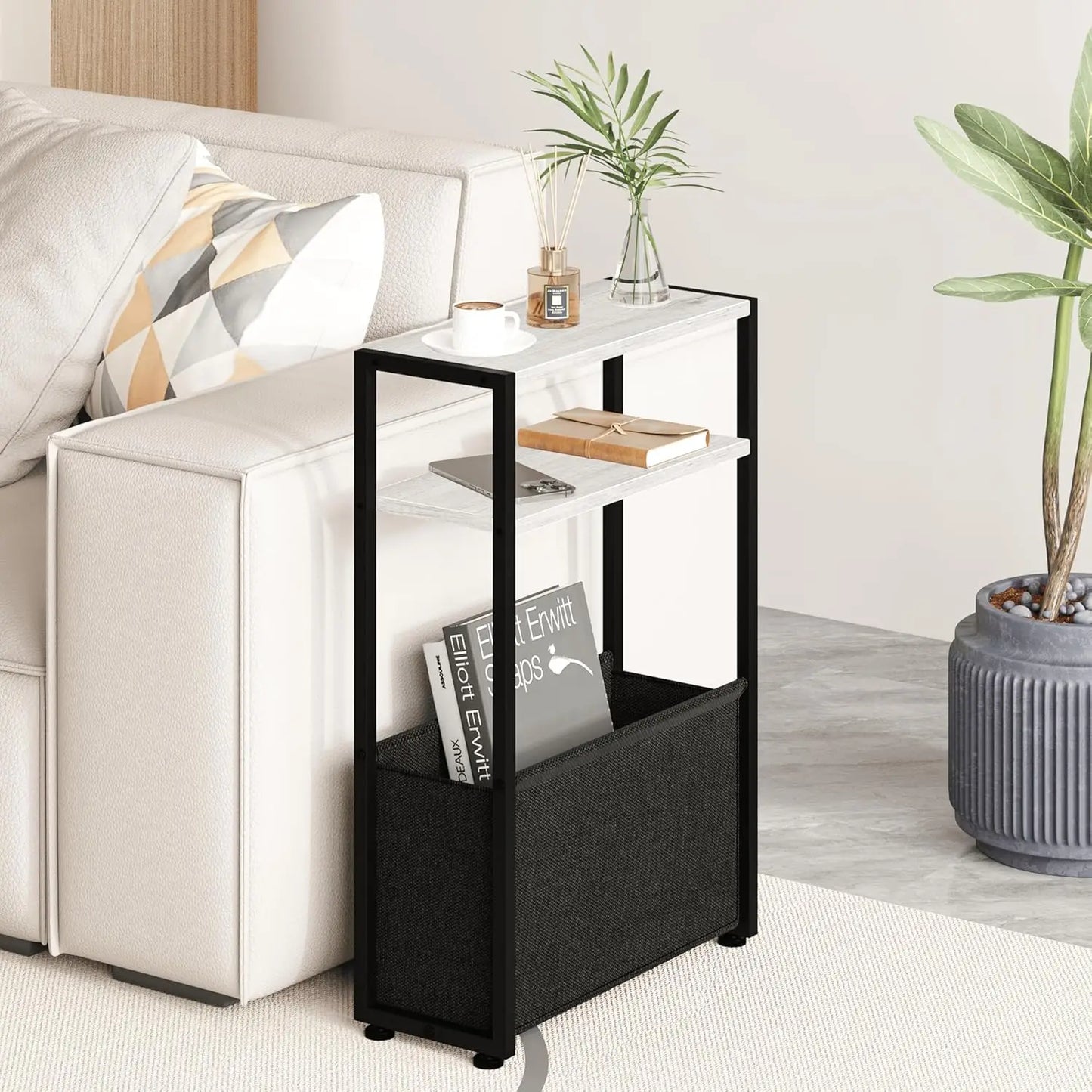 Narrow Side Table, Slim End Tables with Fabric Basket, Skinny Table for Small Spaces, Thin Bedside Table for Living Room,