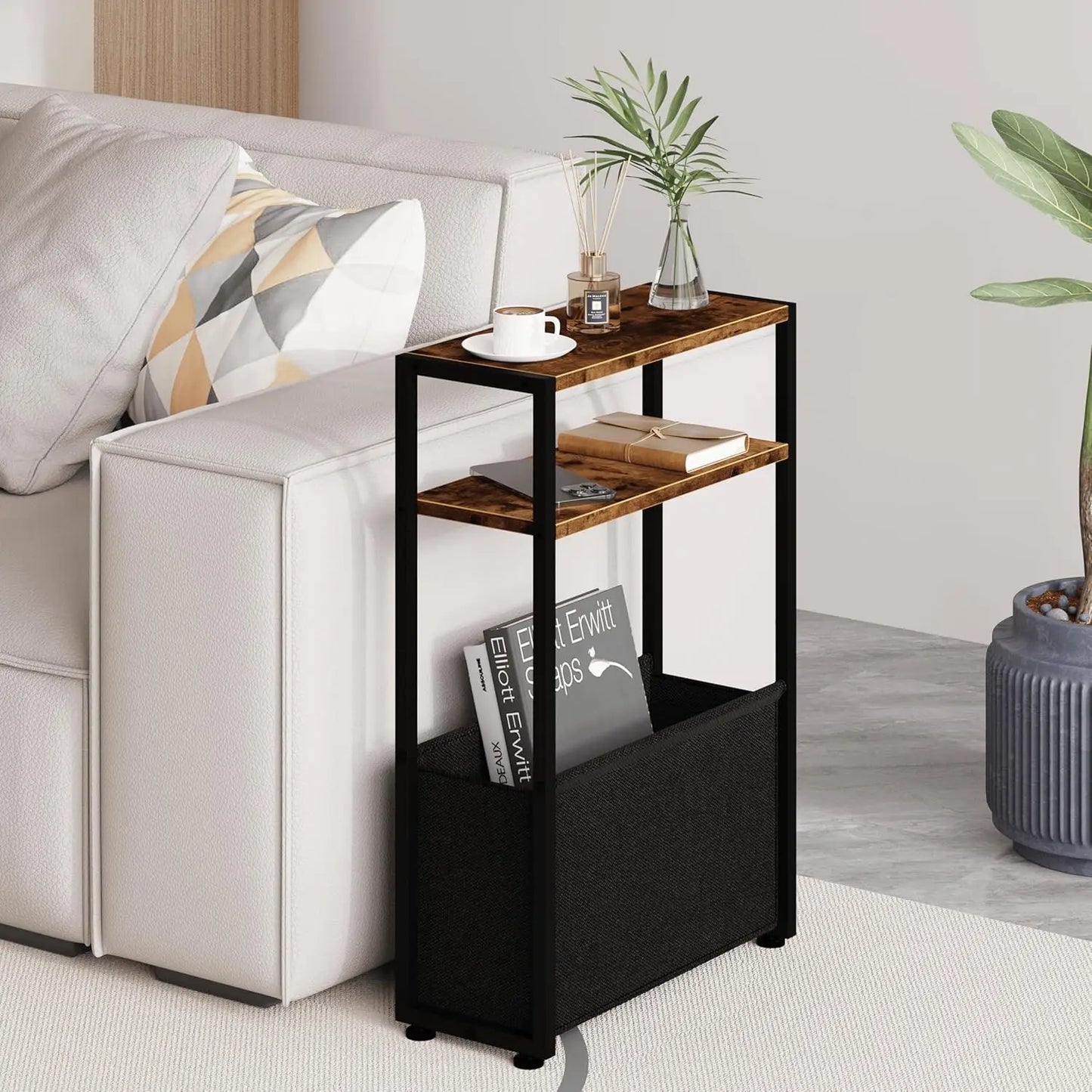 Narrow Side Table, Slim End Tables with Fabric Basket, Skinny Table for Small Spaces, Thin Bedside Table for Living Room,