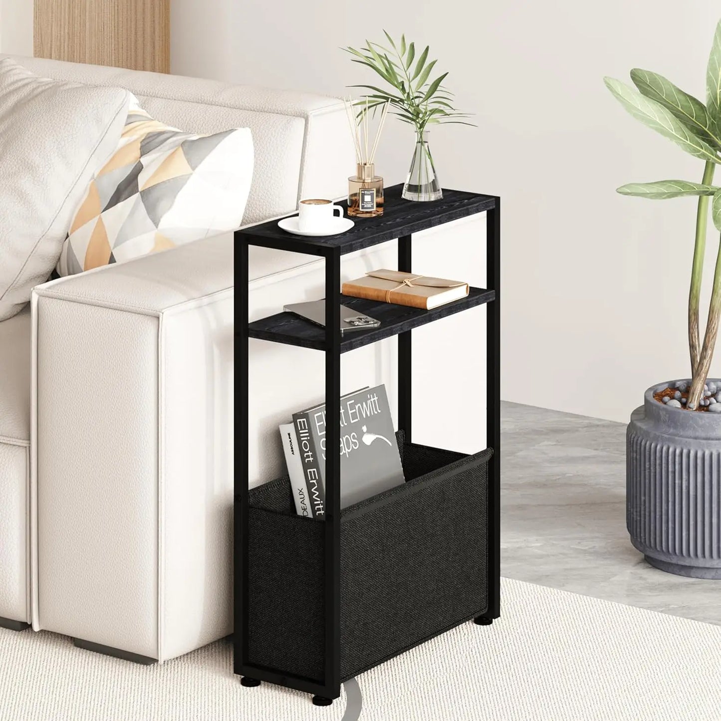 Narrow Side Table, Slim End Tables with Fabric Basket, Skinny Table for Small Spaces, Thin Bedside Table for Living Room,