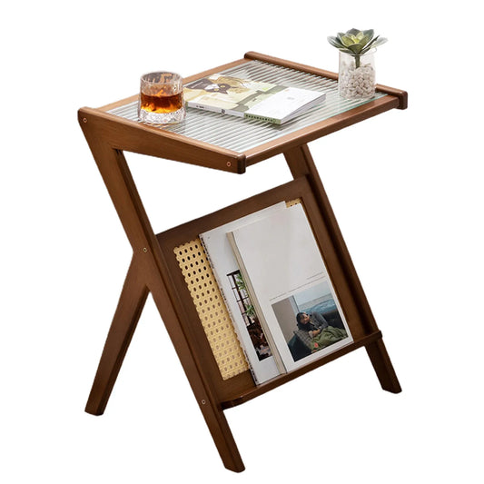 Nightstand Side Table with Rattan Book Magazine Shelf Home Bedroom Living Room Small Space Bamboo Glass Bedside Coffee Table