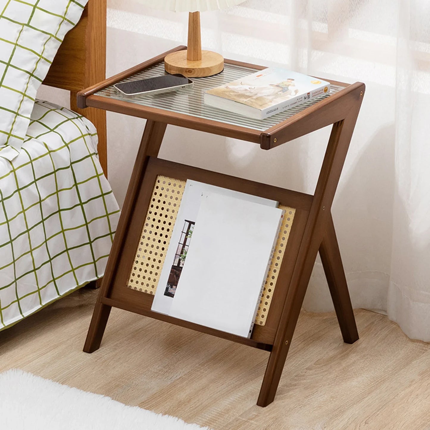 Nightstand Side Table with Rattan Book Magazine Shelf Home Bedroom Living Room Small Space Bamboo Glass Bedside Coffee Table