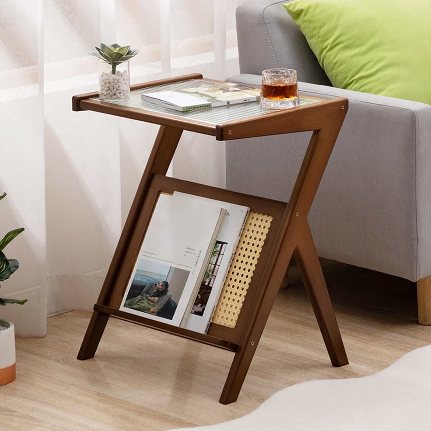 Nightstand Side Table with Rattan Book Magazine Shelf Home Bedroom Living Room Small Space Bamboo Glass Bedside Coffee Table