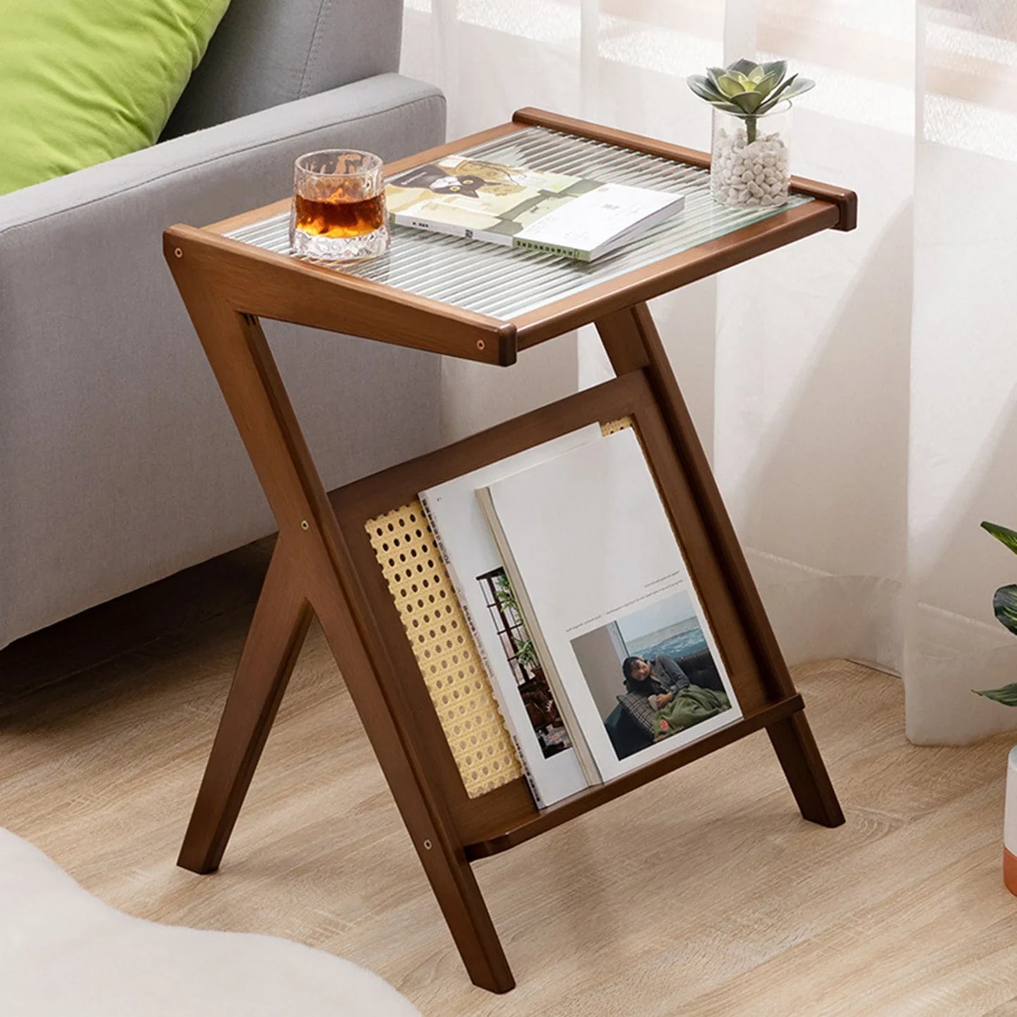 Nightstand Side Table with Rattan Book Magazine Shelf Home Bedroom Living Room Small Space Bamboo Glass Bedside Coffee Table