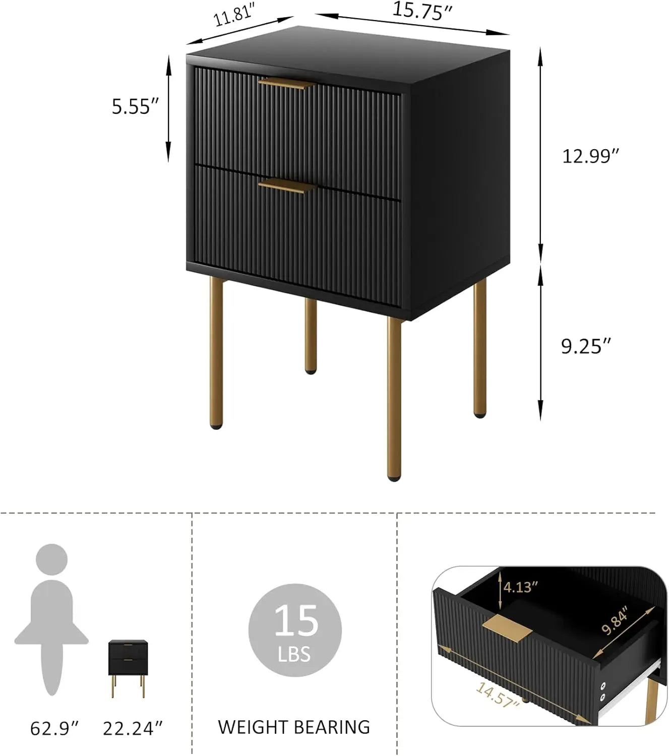 Nightstand,Small Bedside Table with Gold Frame,White Night Stand,Bedside Furniture,Side Table with Drawer and Shelf for Bedroom