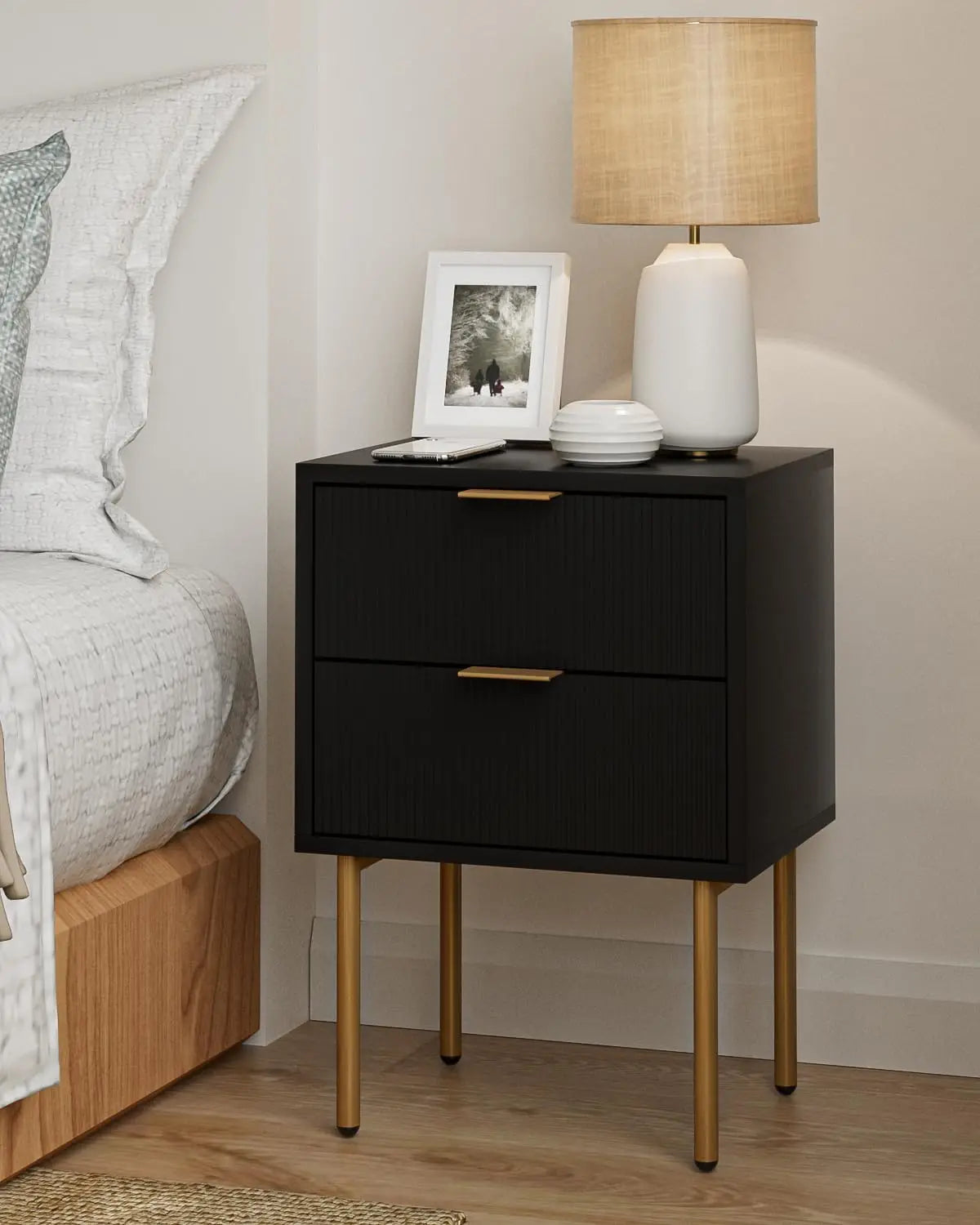 Nightstand,Small Bedside Table with Gold Frame,White Night Stand,Bedside Furniture,Side Table with Drawer and Shelf for Bedroom