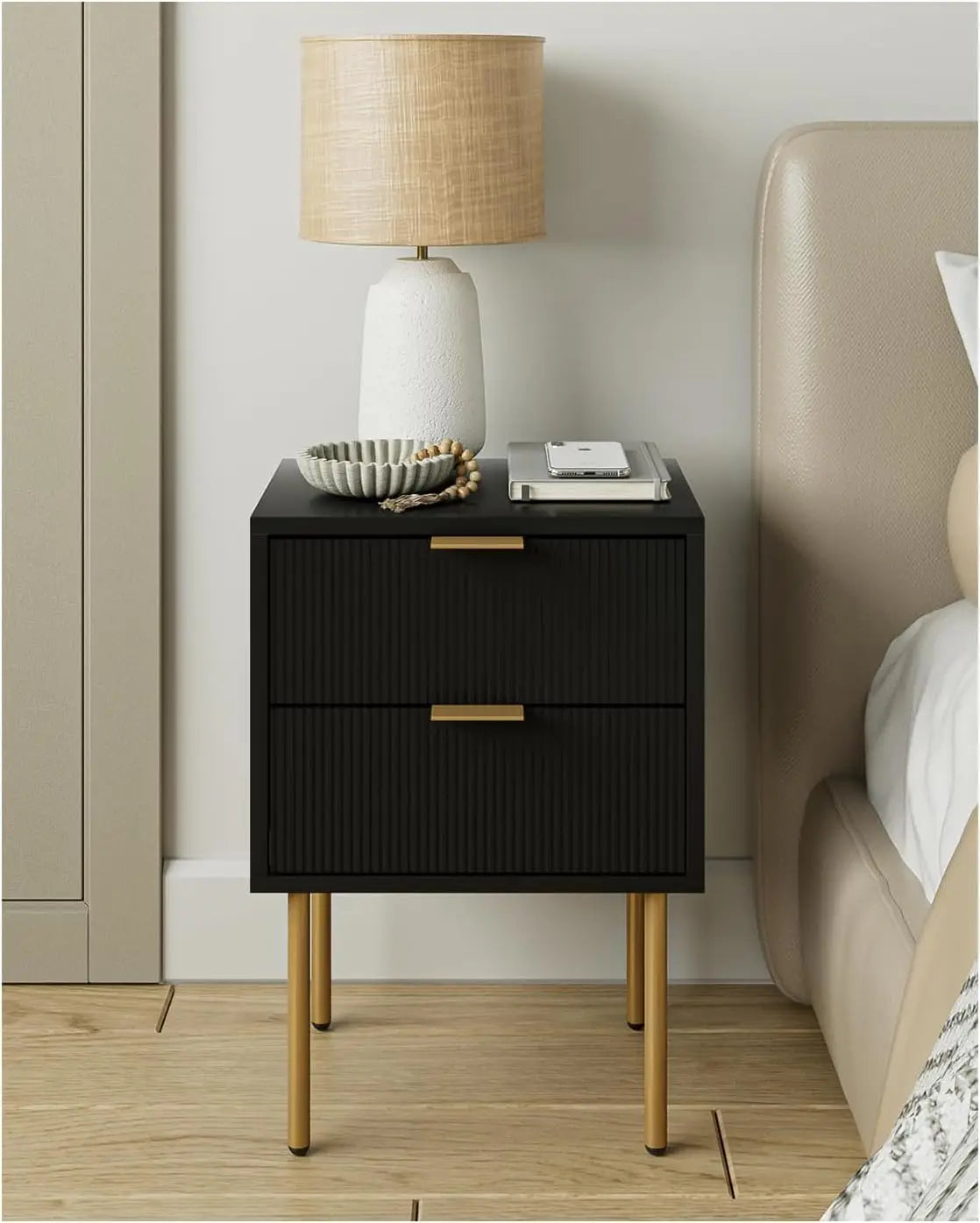 Nightstand,Small Bedside Table with Gold Frame,White Night Stand,Bedside Furniture,Side Table with Drawer and Shelf for Bedroom