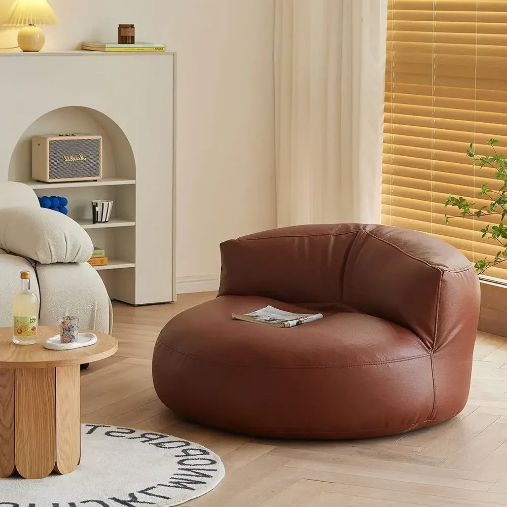 Leather Bean Bag Chair with Filling Round Lazy Floor Single Sofa Tatami for Bedroom Living Room Floor Seat Beanbag