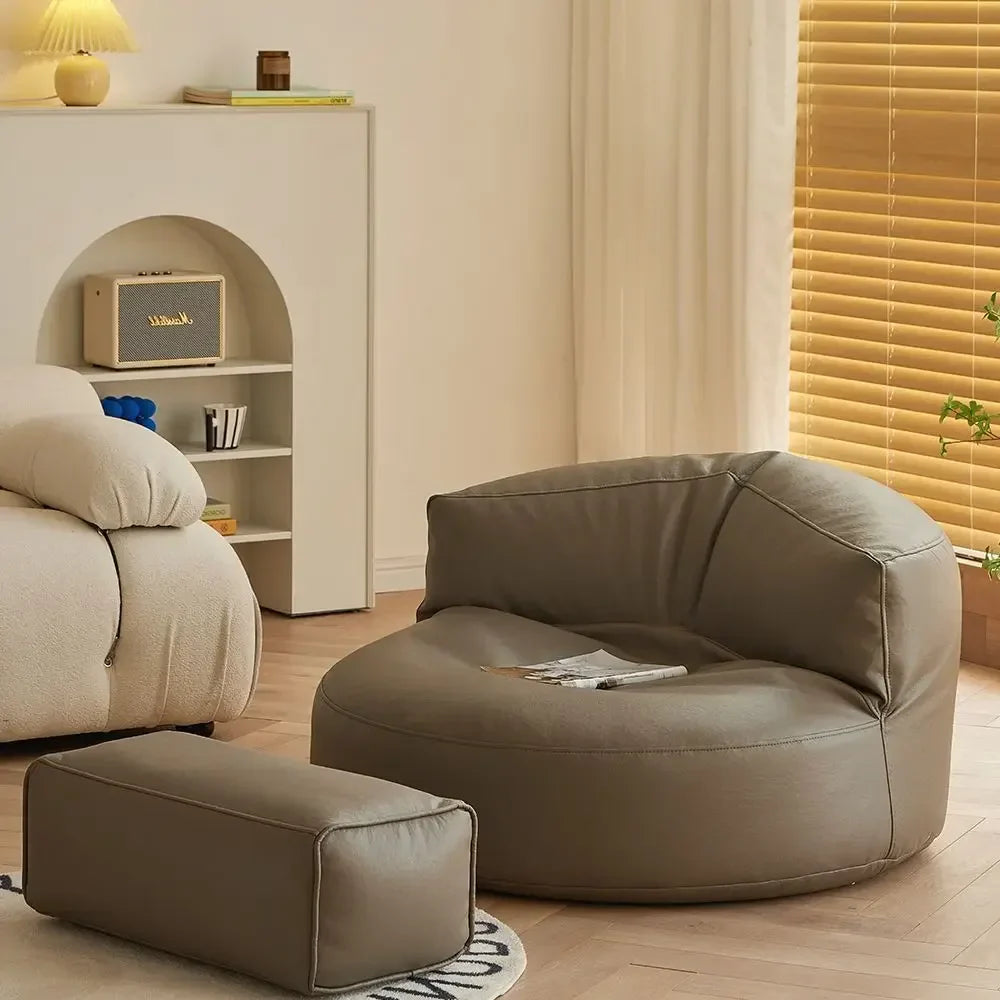 Leather Bean Bag Chair with Filling Round Lazy Floor Single Sofa Tatami for Bedroom Living Room Floor Seat Beanbag