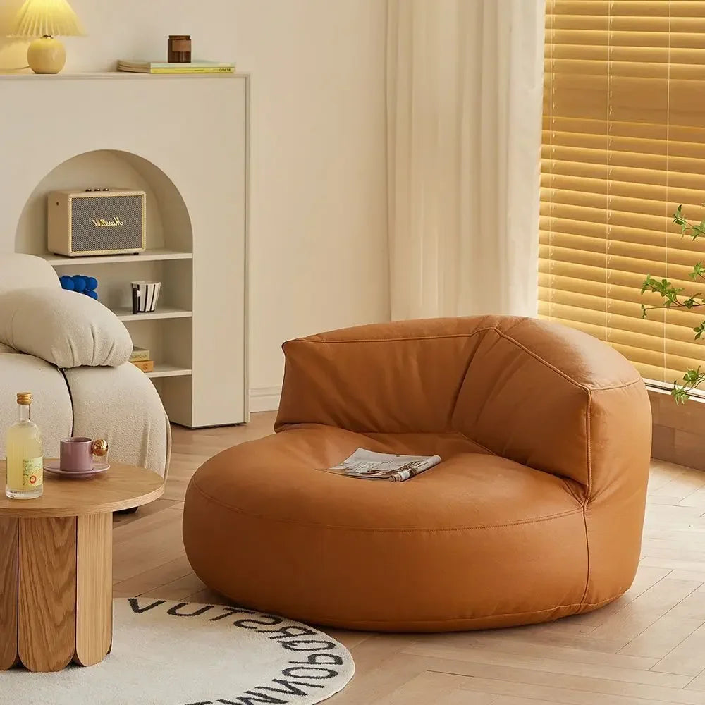 Leather Bean Bag Chair with Filling Round Lazy Floor Single Sofa Tatami for Bedroom Living Room Floor Seat Beanbag