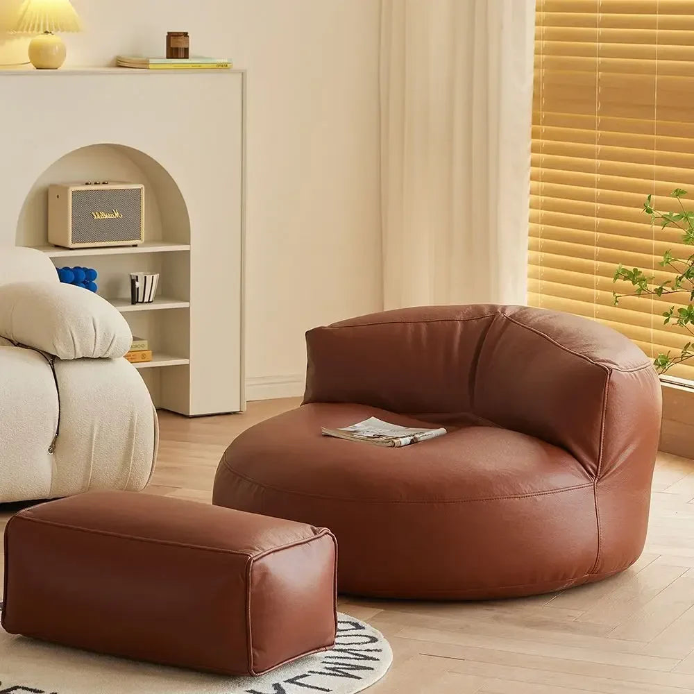 Leather Bean Bag Chair with Filling Round Lazy Floor Single Sofa Tatami for Bedroom Living Room Floor Seat Beanbag