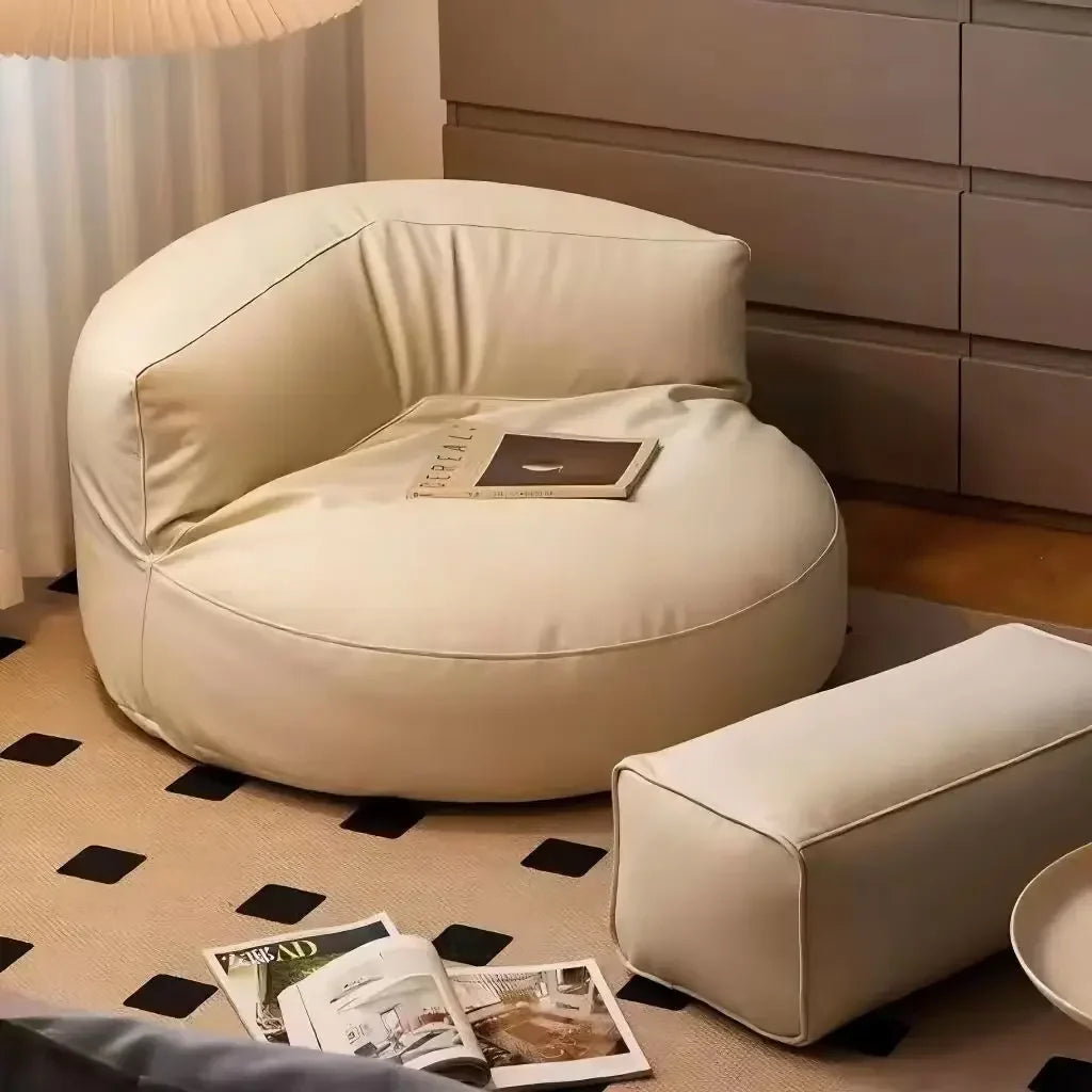 Leather Bean Bag Chair with Filling Round Lazy Floor Single Sofa Tatami for Bedroom Living Room Floor Seat Beanbag