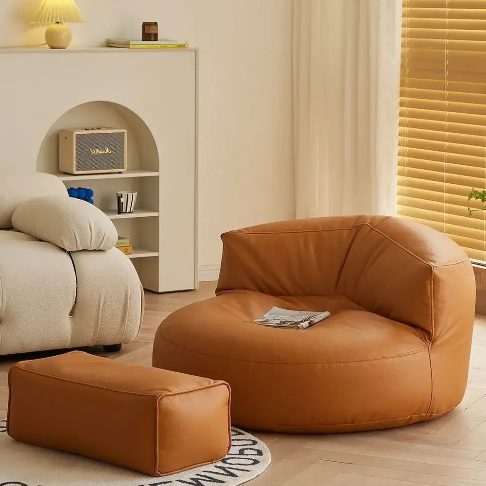 Leather Bean Bag Chair with Filling Round Lazy Floor Single Sofa Tatami for Bedroom Living Room Floor Seat Beanbag