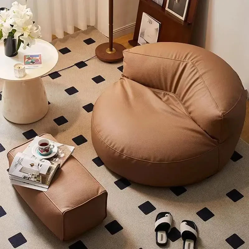 Leather Bean Bag Chair with Filling Round Lazy Floor Single Sofa Tatami for Bedroom Living Room Floor Seat Beanbag