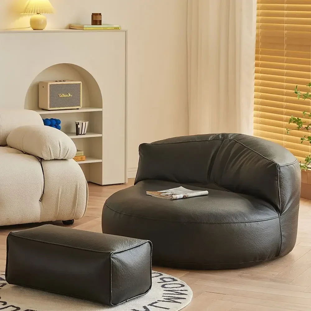 Leather Bean Bag Chair with Filling Round Lazy Floor Single Sofa Tatami for Bedroom Living Room Floor Seat Beanbag